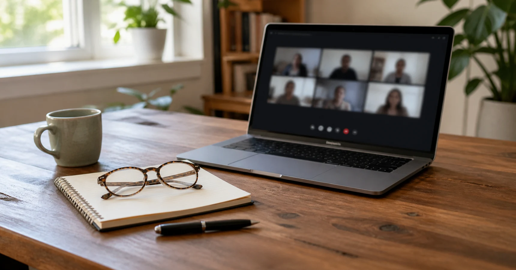 Secretária com portátil e caderno, aula online