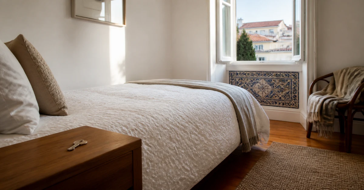 Quarto claro com cama feita, chave na mesa de cabeceira e azulejos junto à janela