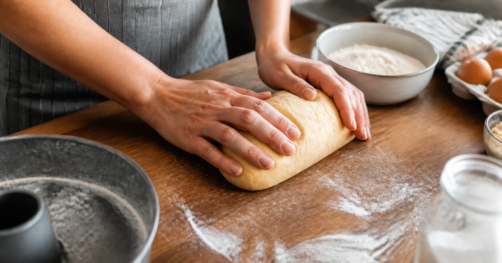 Mãos a trabalhar numa bancada de cozinha